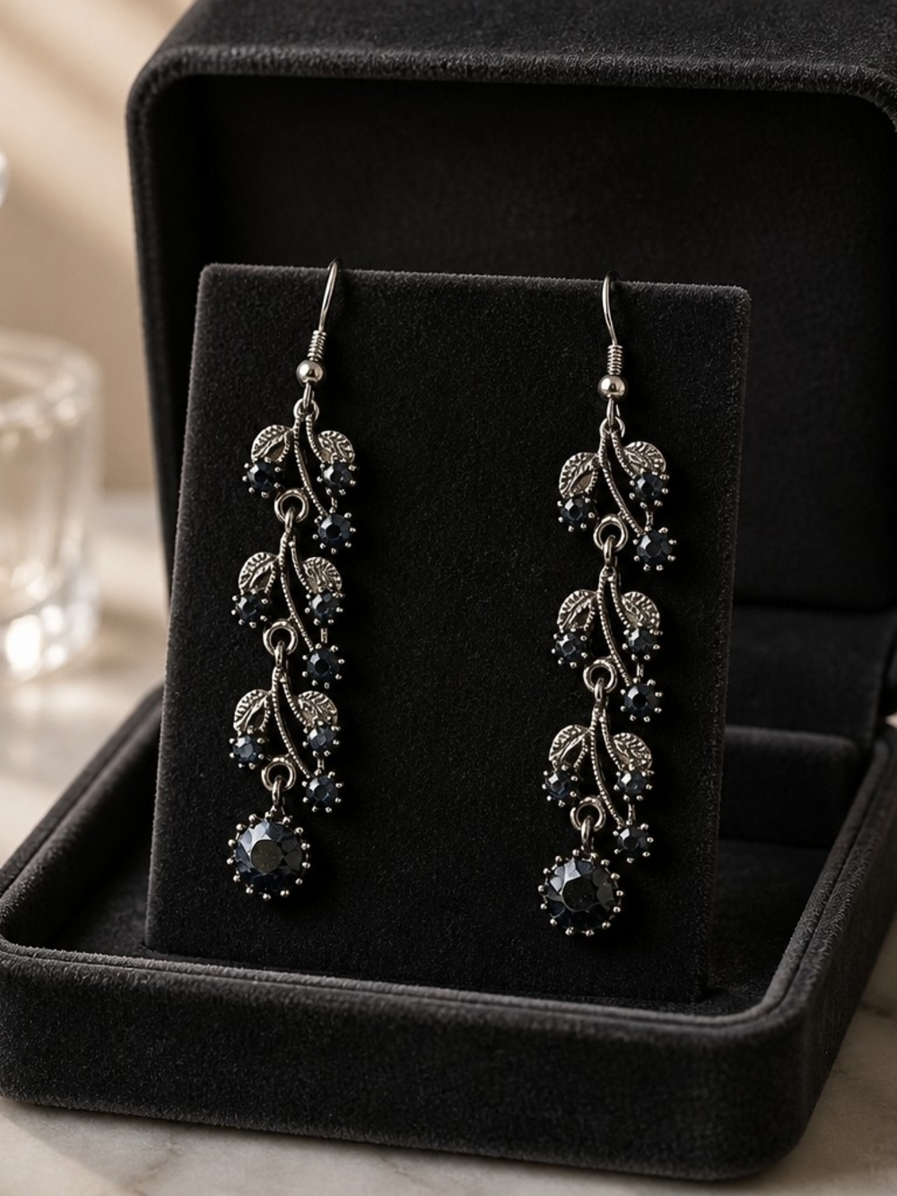 Vintage Crystal Floral Vine Dangle Earrings Slivertone Statement Earrings